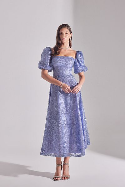 BETTY & SAM Sarah Glitter Balloon Sleeve Flounced Midi Engagement Dress
