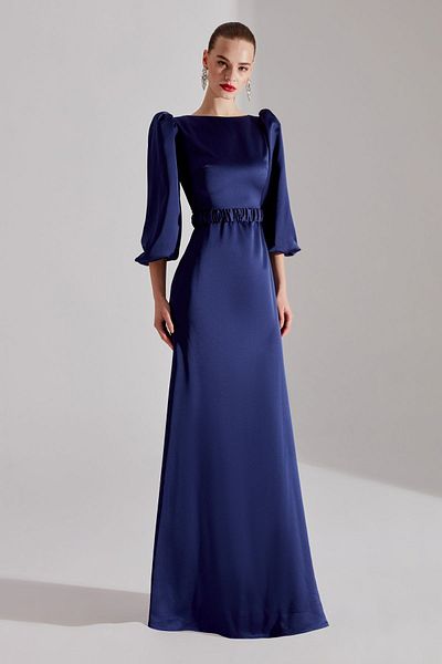 BETTY & SAM Komet DARK BLUE Balloon Sleeve Long Train Evening Dress