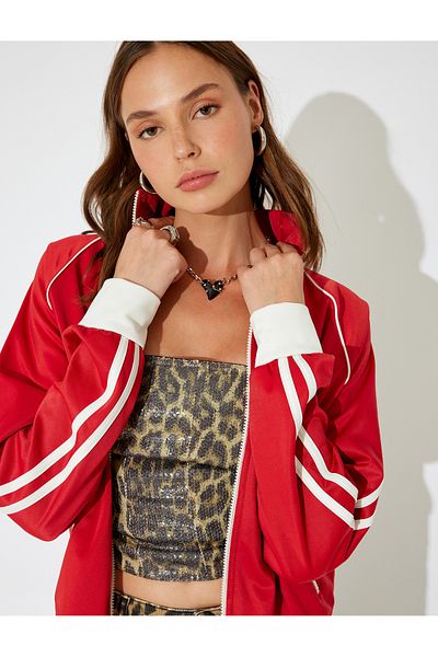 Koton X Inji - Zippered Stand Collar Stripe Detailed Pocket Back Printed Sweatshirt
