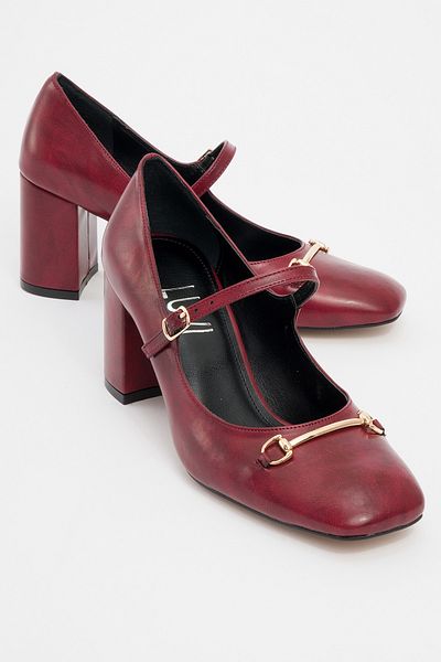 LuviShoes Levan Burgundy Skin Buckle Women's Thick Heeled Shoes