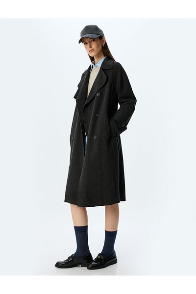 Koton Long Double Breasted Cashmere Coat with Belted Pockets and Wind Cover