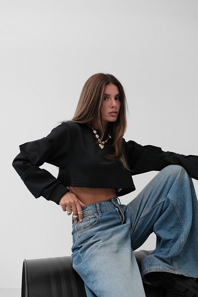 Black Fashion Pocket Detail Black Crop Sweat