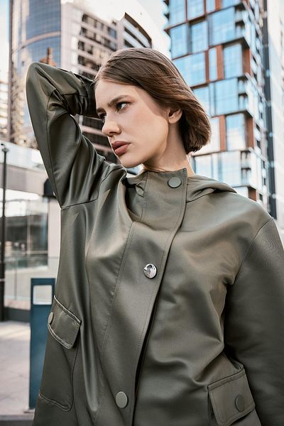 Zühre Khaki Hooded Trench Coat 13612 - Pocket Detailed