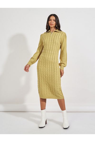 Styli Chunky Knit Zipped Collar Sweater Midi Dress