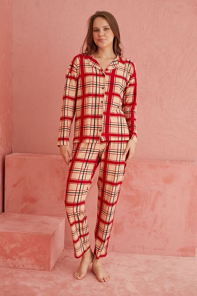 ELİTOL Salmon-Red Plaid Patterned Front Buttoned Suede Pajama Set