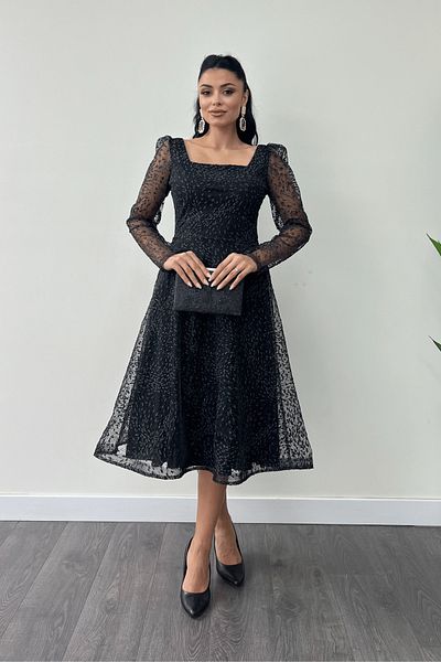 giyimmasalı Tulle Glitter Fabric Square Collar Midi Evening Dress - Black