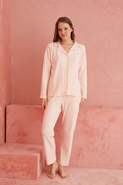 ELİTOL Set de pijamale din piele intoarsa cu nasturi in fata cu model Salmon Star