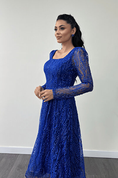 giyimmasalı Tulle Glitter Fabric Square Collar Midi Evening Dress - Sax Blue