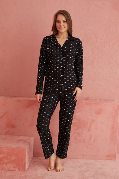 ELİTOL Siyah Kalp Desenli Önden Düğmeli Süet Pijama Takım