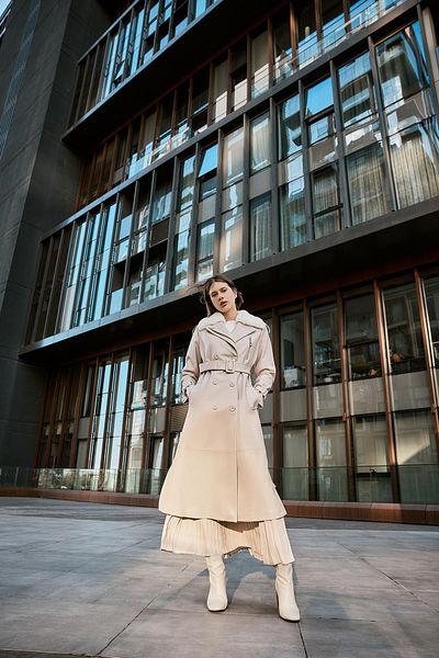 Zühre Leather Stone Trench Coat - Fur Collar, Zipper Detail, 13527