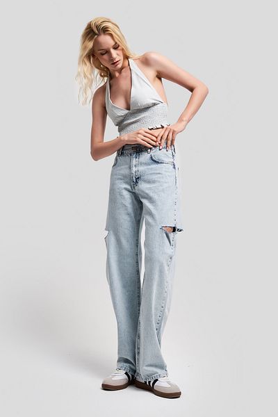 its basic Blugi de culoarea zăpezii - Detaliu rupt lateral, denim loose fit