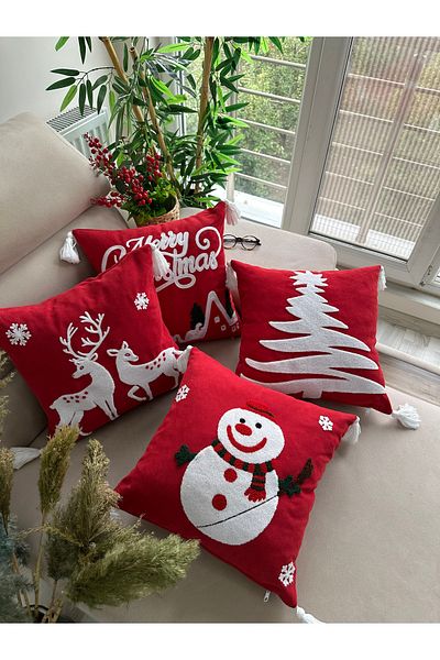 en gözde home New Year's Christmas Themed 4 Pieces Punch Embroidered Throw Pillow Cover