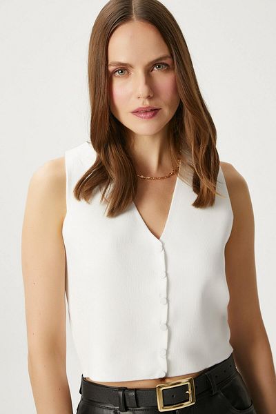 Ritnice Vestă de tricotaj pentru femei Petite Snaps Crop Cream