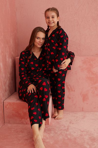 ELİTOL Set de pijamale din piele intoarsa cu nasturi in fata cu model inima neagra
