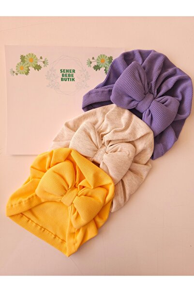 SeherBebeButik Kız Bebek & Çocuk Fiyonklu Bone Set Yumuşak-Pamuklu-Esnek 3'Lü...