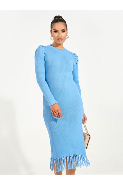 Styli Fringed Hem Sweater Midi Dress with Puff Sleeves