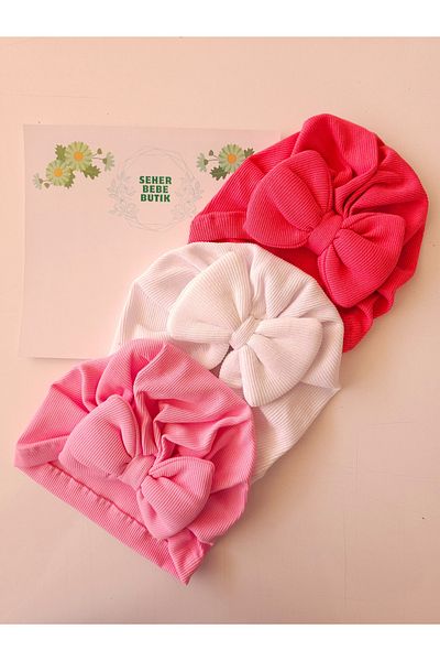 SeherBebeButik Baby Girl & Child Bow Bonnet Set Soft-Cotton-Flexible 3-Piece Set