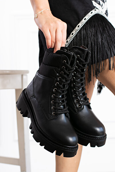 HKM shoes Siyah Cilt Kışlık Şık Kadın Bağcıklı Fermuarlı Orta Boy Yarım 4cm Topuk Deri Kadınbot P02