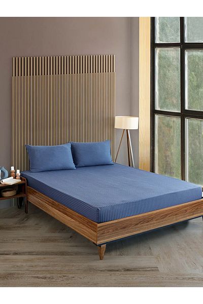 Mrs.Gugar Indigo Blue Cotton Striped Satin Elastic Sheet Set Single + 1 Pillowcase