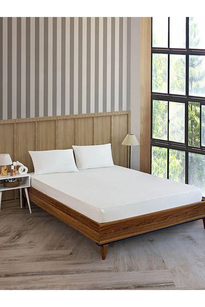 Mrs.Gugar White Cotton Striped Satin Elastic Sheet Set Single + 1 Pillowcase