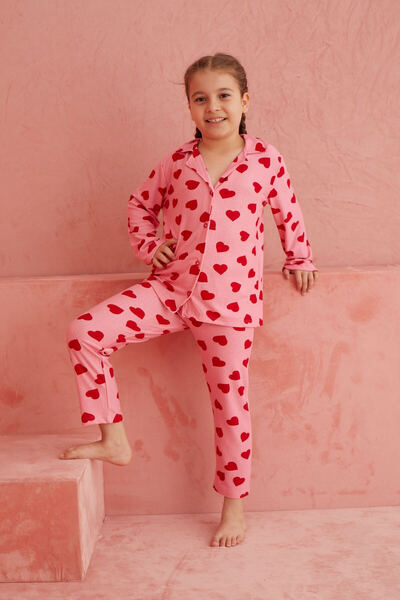 ELİTOL Pembe Kalp Desenli Önden Düğmeli Süet Pijama Takım