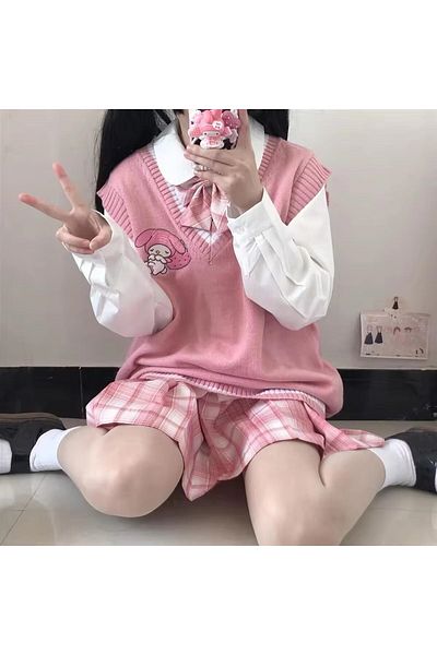 Karakedi Розов пуловер с V-образно деколте Mood Anime Harajuku Kuromi Sanrio