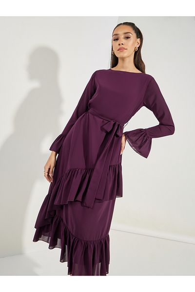 Styli Asymmetric Overlay Ruffled Midi Dress