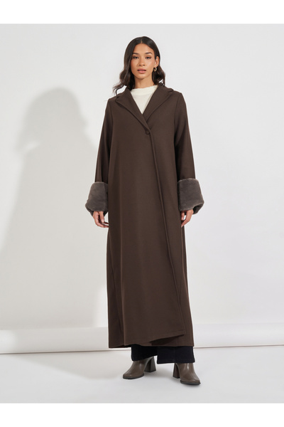 Styli Collared Abaya with Faux Fur Trim Cuff