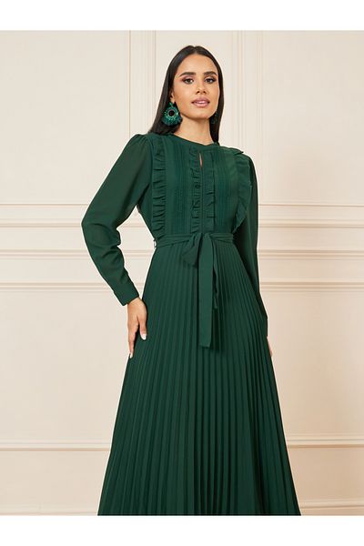 Styli Ruffle Detail Pleated A-Line Maxi Dress with Self Tie Up