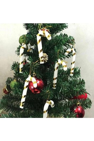Deniz Party Store Christmas 6-Piece White Gold Plastic Walking Stick Tree Ornament