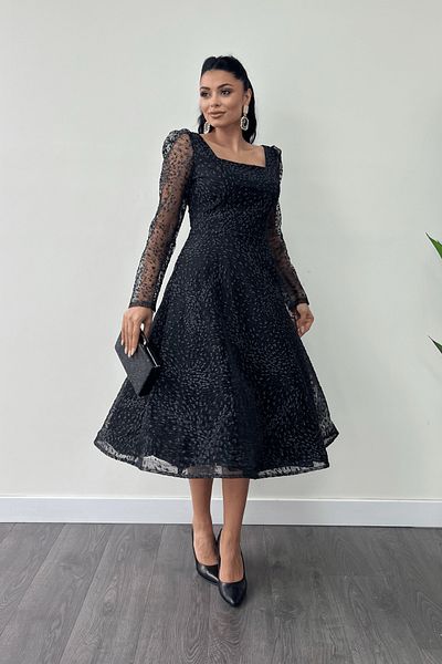 giyimmasalı Tulle Glitter Fabric Square Collar Midi Evening Dress - Black