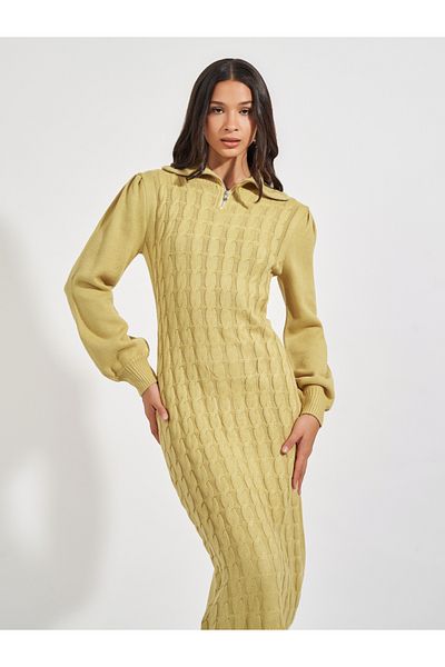 Styli Chunky Knit Zipped Collar Sweater Midi Dress
