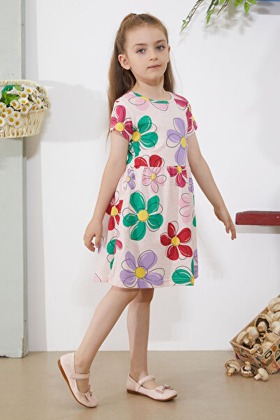 Cansın Mini Κοντό μανίκι Κρεμ φλοράλ εμπριμέ φόρεμα για κορίτσι - 18797