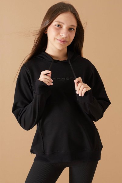 CansınMini Black Embossed Lettering Hooded Girls' Sweatshirt 19303
