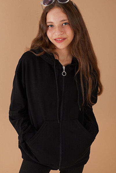 Cansın Mini Basic Girl's Hooded Black School Cardigan - Zippered 19203