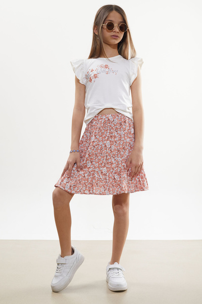 Cansın Mini Orange Floral Patterned Skirted Printed T-Shirt Girl's Suit 18507