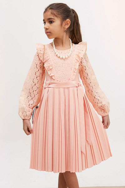Cansın Mini Rochie pentru fetiță din tul din dantelă somon cu curea, colier și geantă 18068