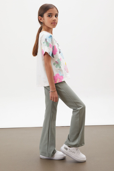 Cansın Mini Haki Çiçek Baskılı İspanyol Paça Fitilli Taytlı Kız Çocuk Takım 17999