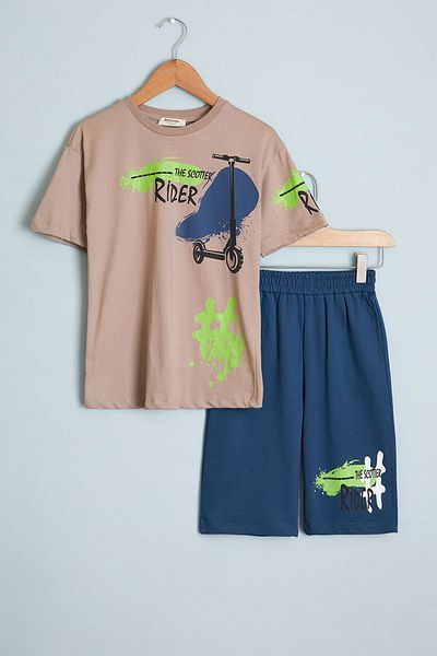 Cansın Mini Boy's Brown Rider Printed T-Shirt and Shorts Suit 18595