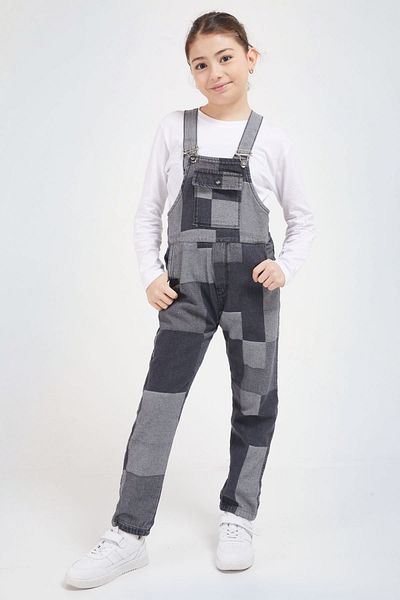 Cansın Mini Gray Square Patterned Girl's Jean Salopet Jumpsuit 17611