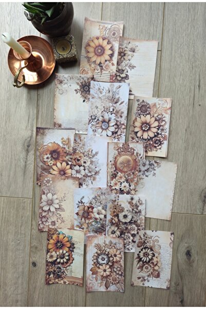 Mona Craftist 15 Adet Vintage Eskitme Kahverengi Gül Temalı Scrapbook Kağıt S...