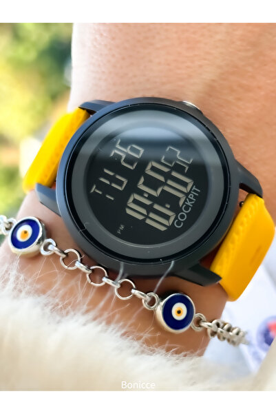Cockpit Marka Sarı Renk Silikon Kordon Yuvarlak Kasa Dijital Spor Erkek Kadın Kol Saati Bileklik