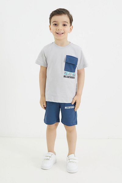 Cansın Mini Gray Chest Pocket Printed Boy's T-shirt Shorts Set 18563
