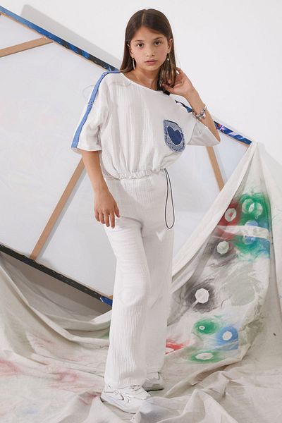 Cansın Mini Oversize Girl's Set - White Heart Embroidered, Pocket, Cropped - 18943