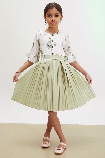 Cansın Mini Rochie plisată pentru fetiță, cu model de trandafiri verzi, geantă cu mâneci scurte 18191