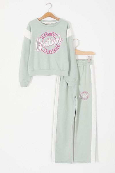 Cansın Mini Green Embossed Lettered Striped Girl's Tracksuit Set 17385