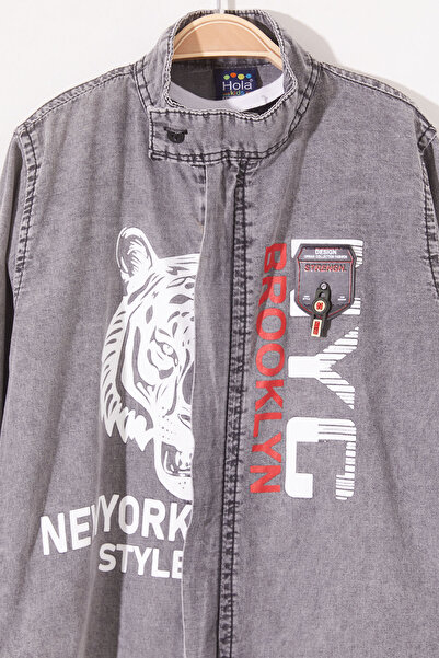 Cansın Mini Boy's Jean Shirt Set - Gray Tiger Print, Zippered 18980