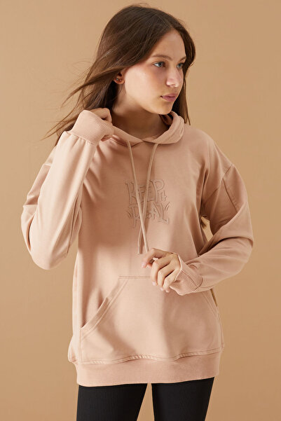 Cansın Mini Bej Keep Read Baskılı Kız Çocuk Kapüşonlu Sweatshirt 19356