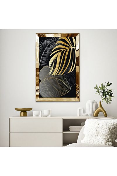 Zevahir Mobilya Dekorasyon Masa MDF simpla cu frunze de palmier neagra si aurie cu rama din plexiglas oglinda aurie