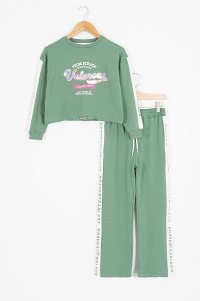 Cansın Mini Green Stripe Written Sequined Girl's Tracksuit Set 17133
